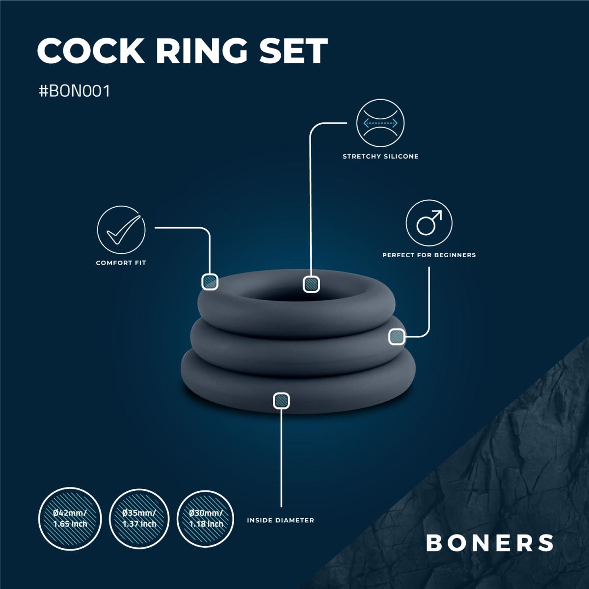 Boners 3-Piece Cock Ring Set - Grey Thin